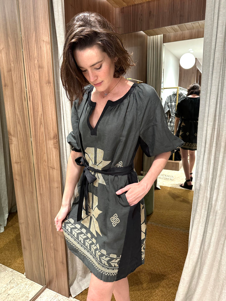 Sun Embroidered Short Dress Khaki Gold