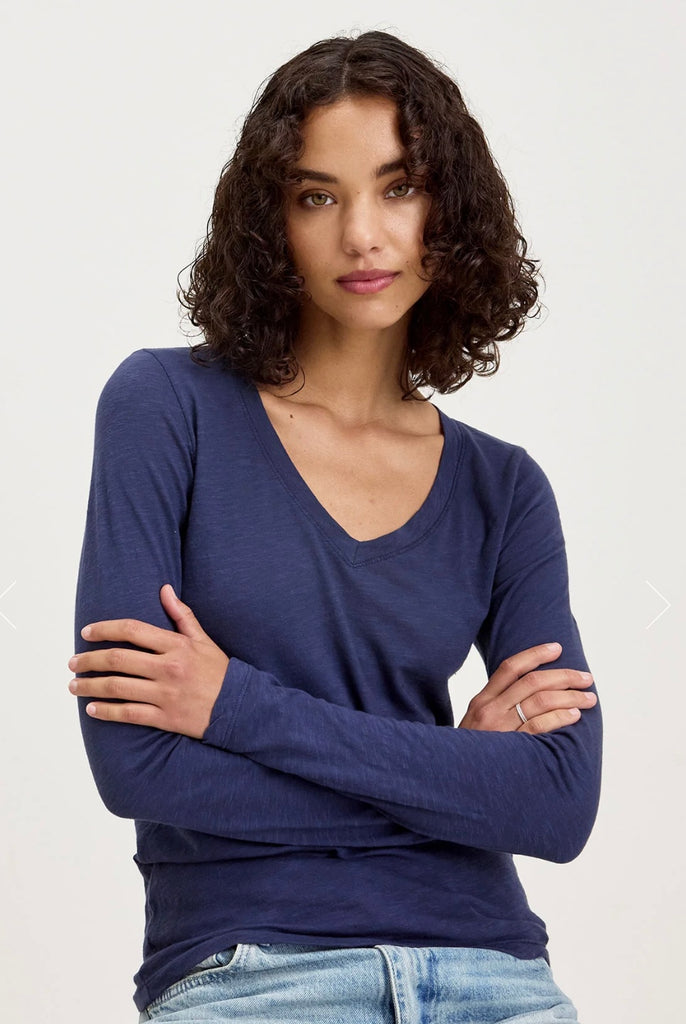 Velvet Originals Blaire V Neck Long Sleeve Tee Navy