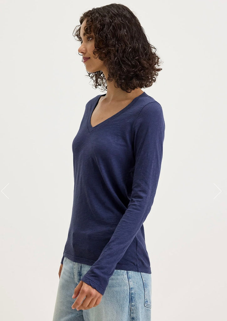 Velvet Originals Blaire V Neck Long Sleeve Tee Navy