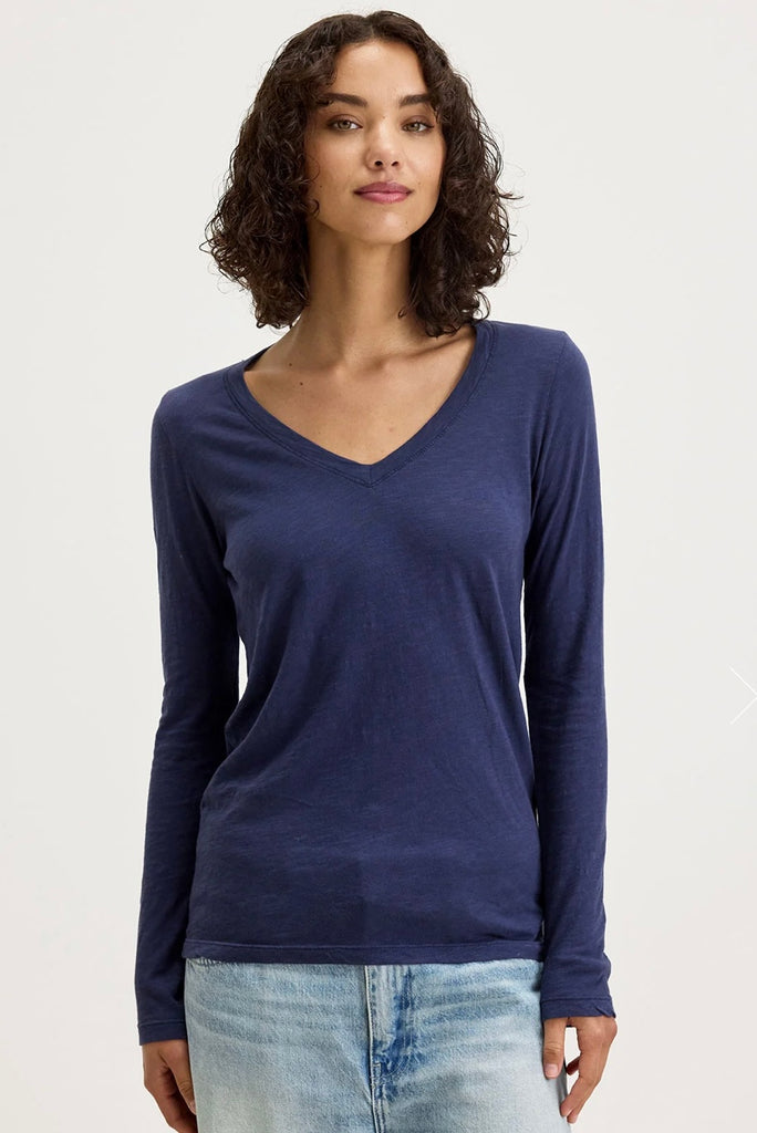 Velvet Originals Blaire V Neck Long Sleeve Tee Navy