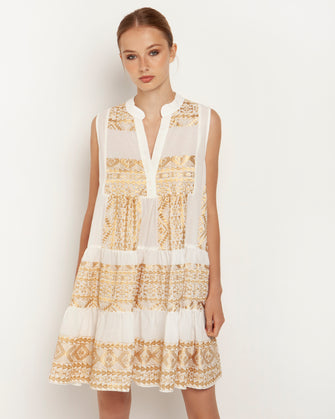 Short Sleeveless Embroidered Dress White Gold