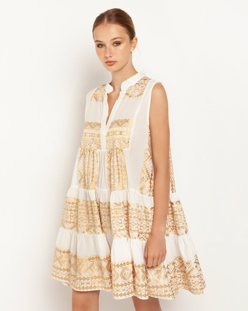 Short Sleeveless Embroidered Dress White Gold