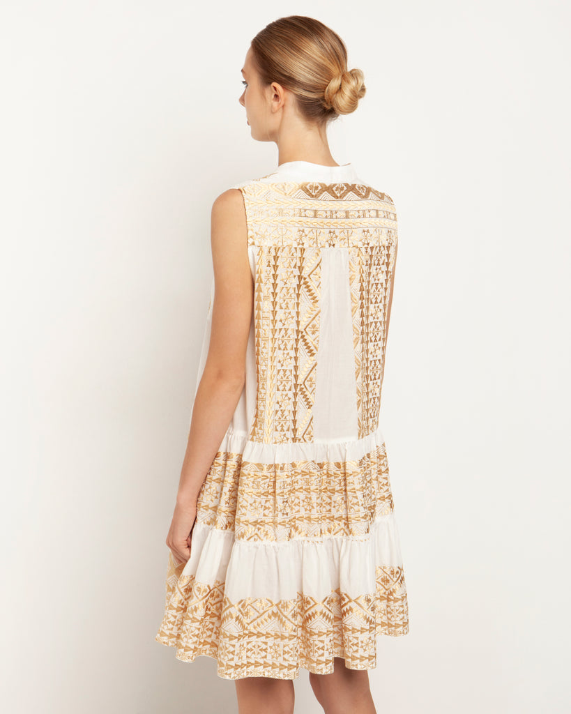 Short Sleeveless Embroidered Dress White Gold