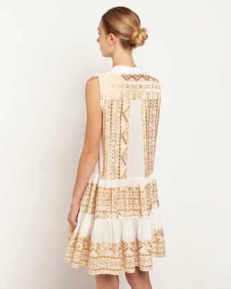 Short Sleeveless Embroidered Dress White Gold