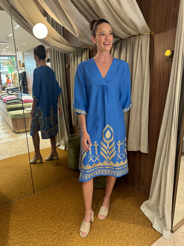 Feather Embroidered Midi Dress Blue Gold