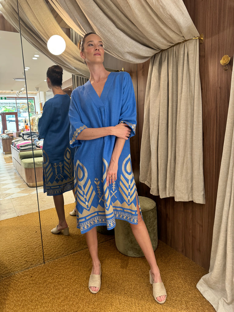 Feather Embroidered Midi Dress Blue Gold