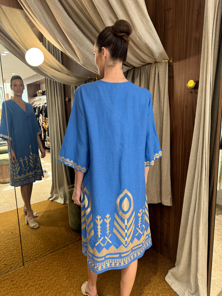 Feather Embroidered Midi Dress Blue Gold