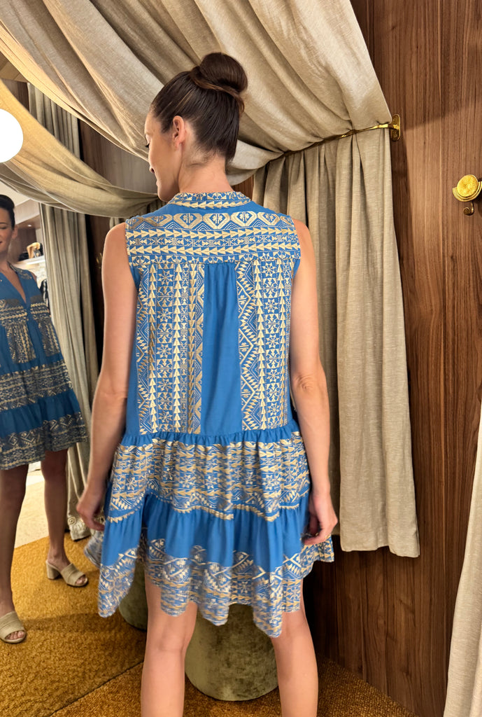 Short Sleeveless Embroidered Dress Blue Gold