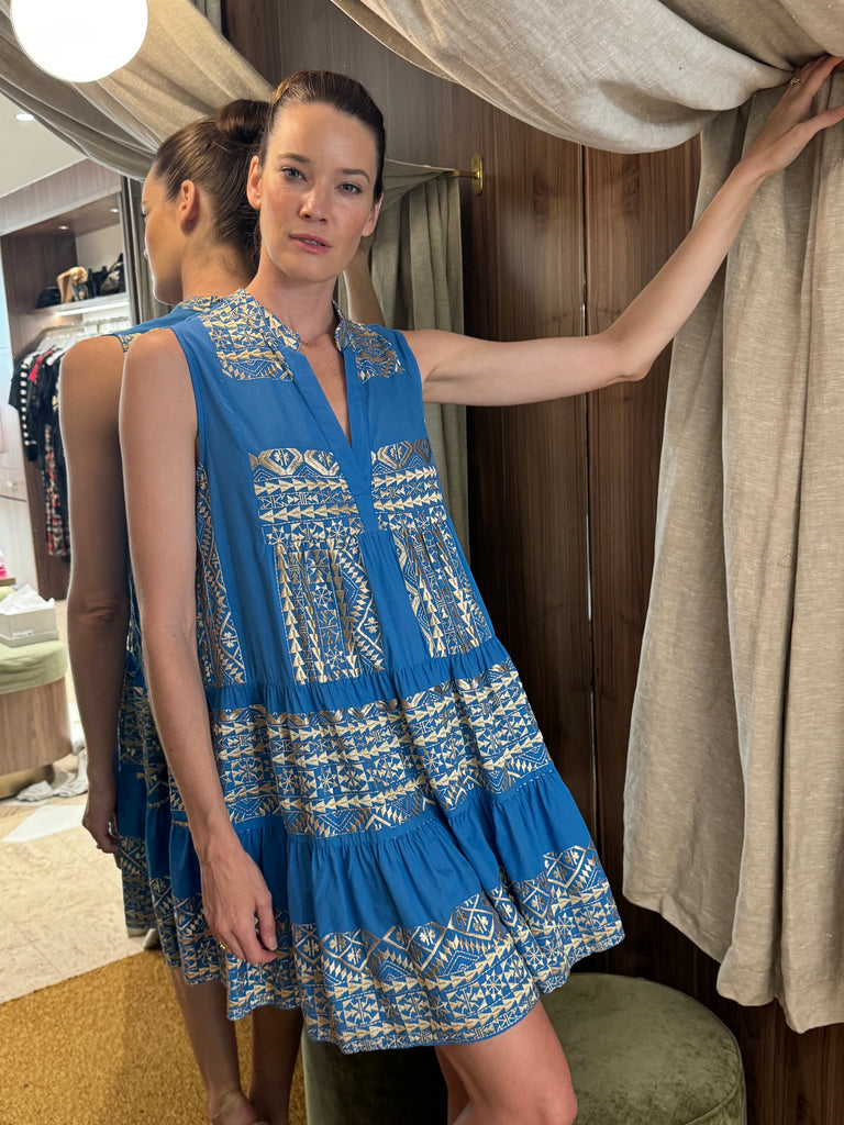 Short Sleeveless Embroidered Dress Blue Gold