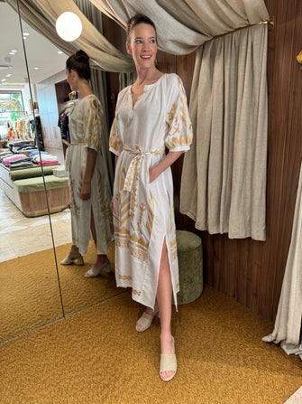 Long Feather Embroidered Dress White Gold