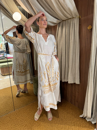 Long Feather Embroidered Dress White Gold