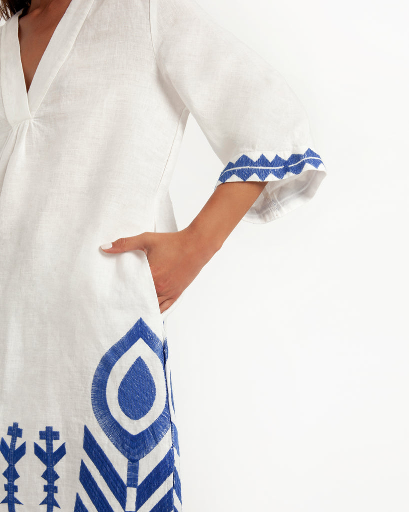 Feather Embroidered Midi Dress White Blue