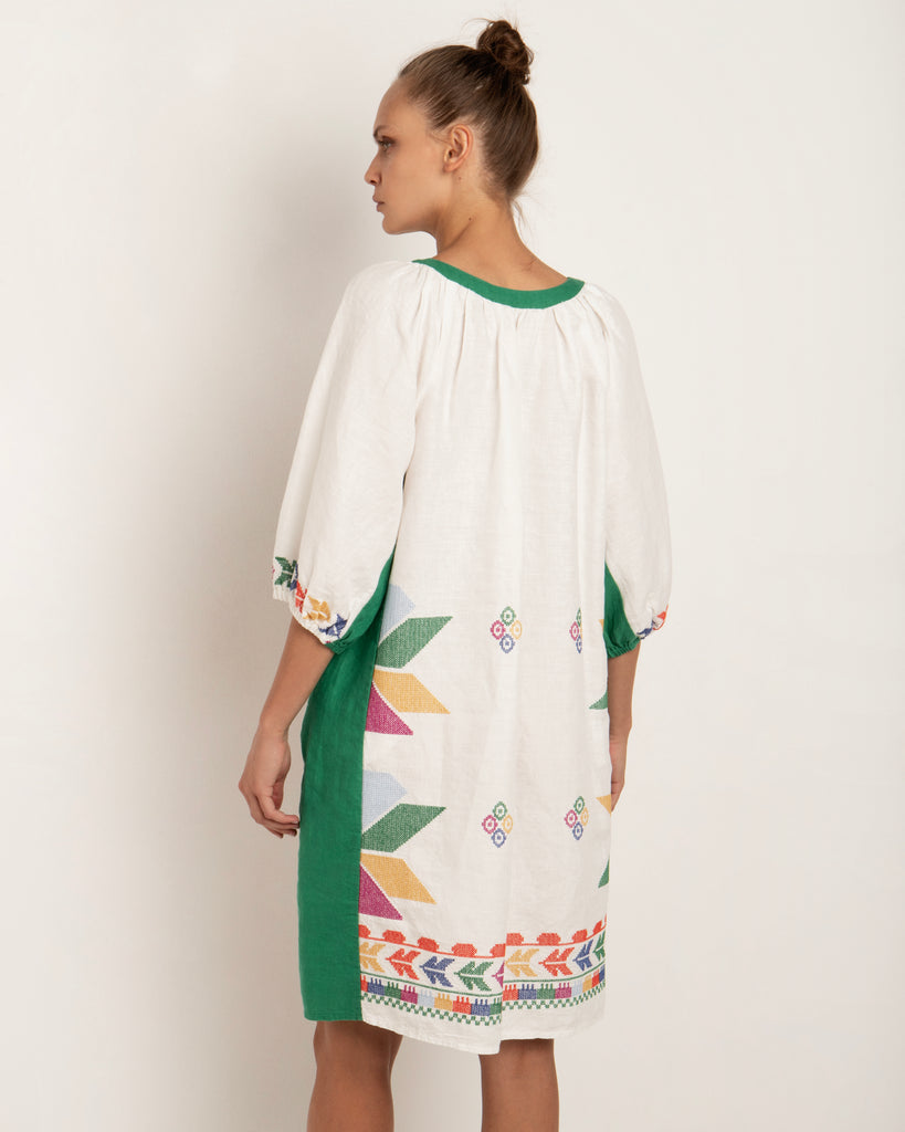 Sun Embroidered Short Dress White Green