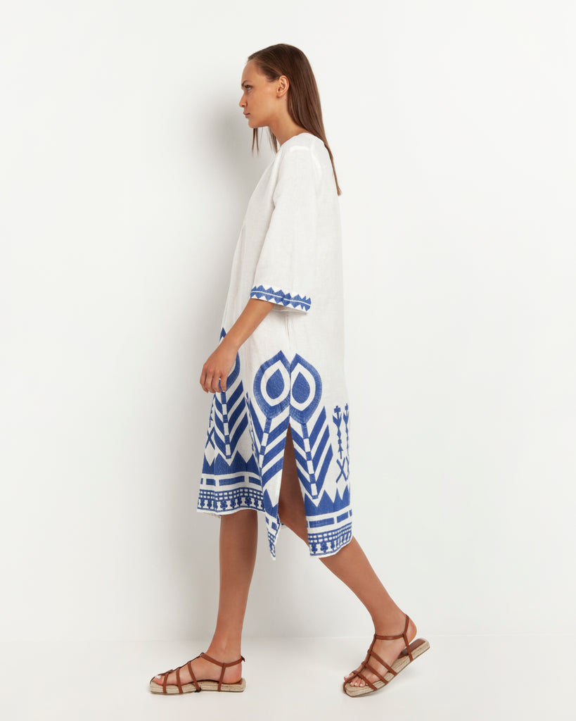 Feather Embroidered Midi Dress White Blue