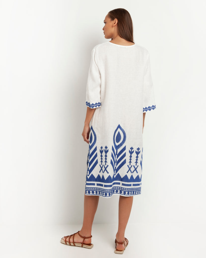 Feather Embroidered Midi Dress White Blue