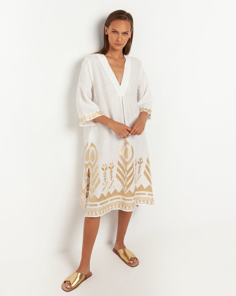 Feather Embroidered Midi Dress White Gold