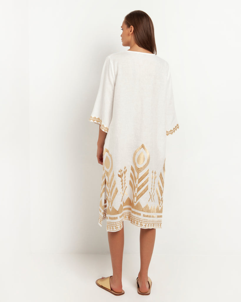 Feather Embroidered Midi Dress White Gold