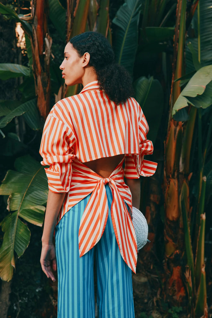 Loch Poplin Button Up Coral Cabana Stripe