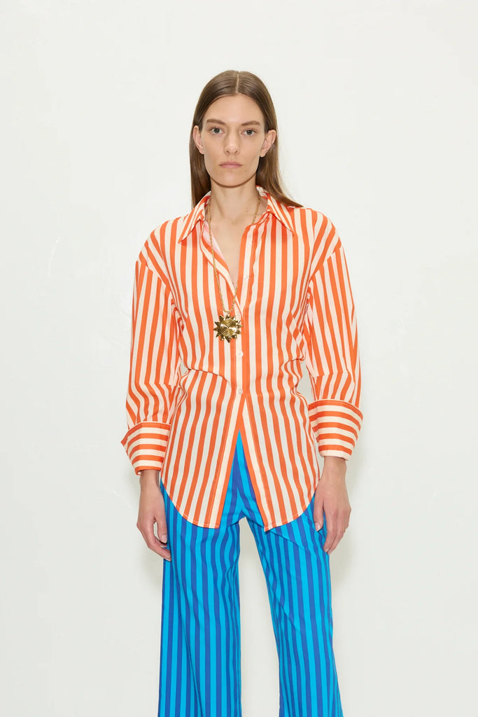 Loch Poplin Button Up Coral Cabana Stripe