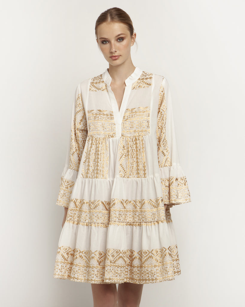 Embroidered Cotton Short Dress White Gold