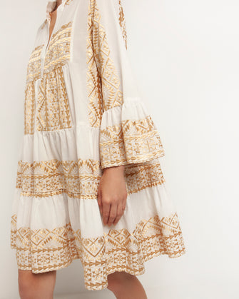 Embroidered Cotton Short Dress White Gold
