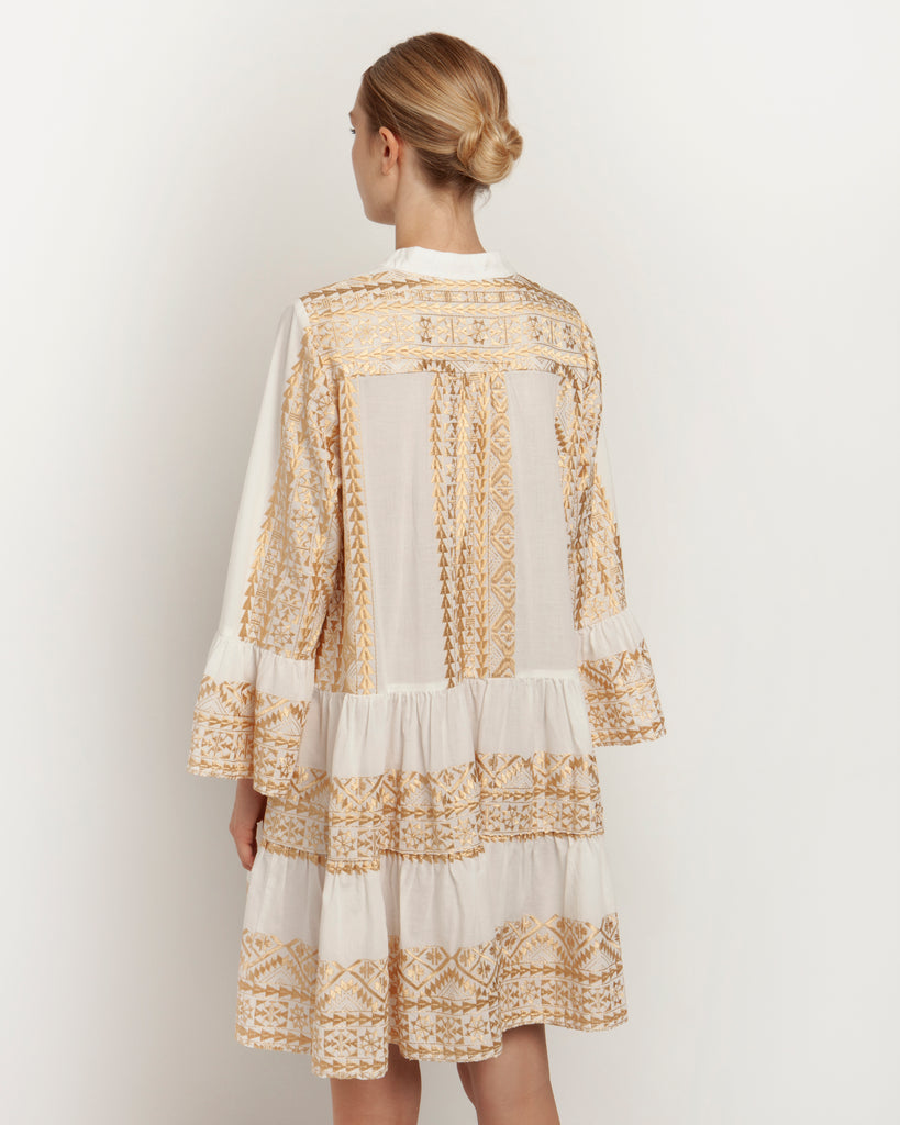 Embroidered Cotton Short Dress White Gold