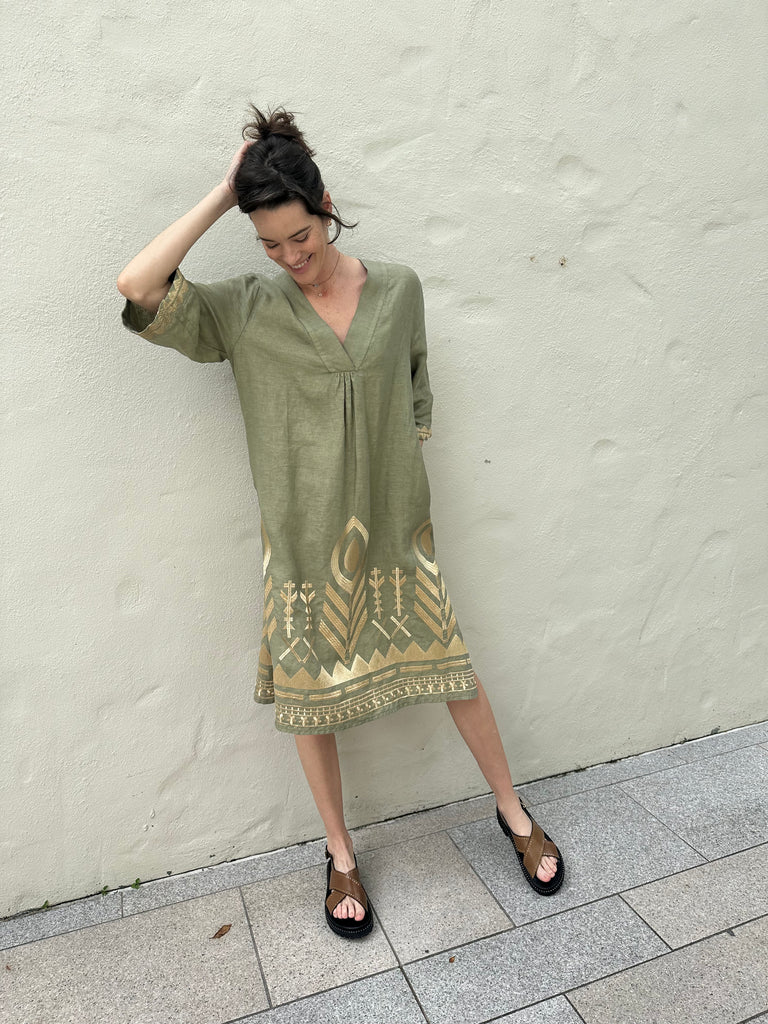 Feather Embroidered Midi Dress Tea Gold