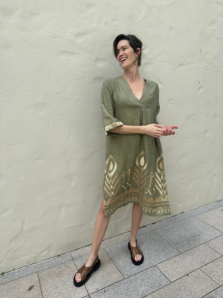 Feather Embroidered Midi Dress Tea Gold