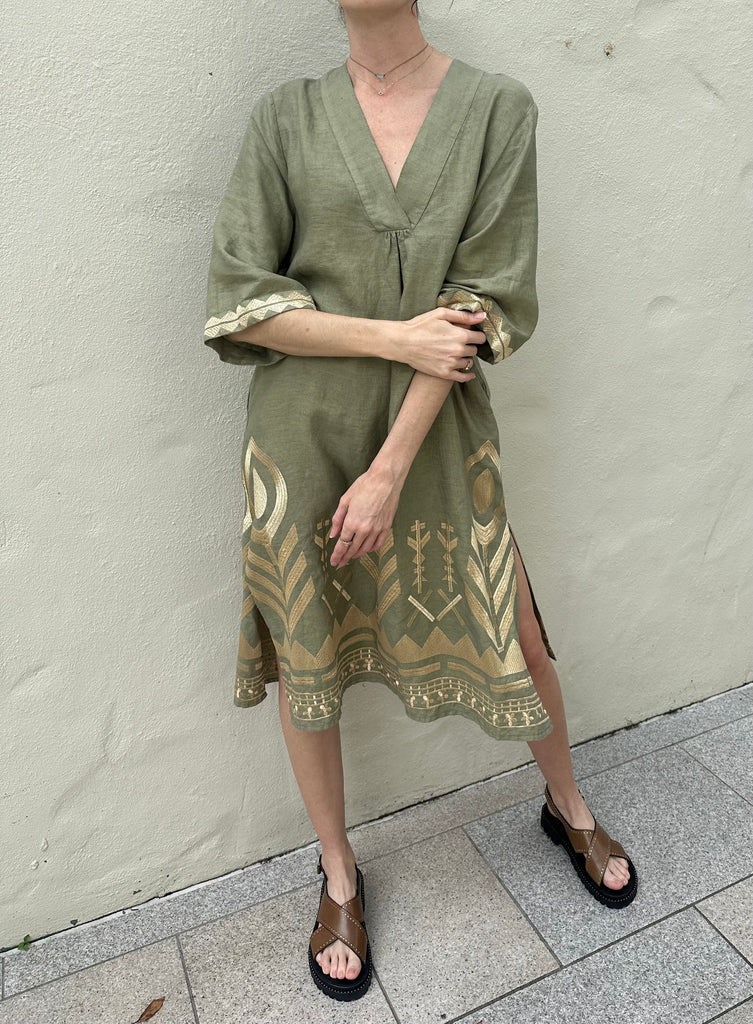 Feather Embroidered Midi Dress Tea Gold