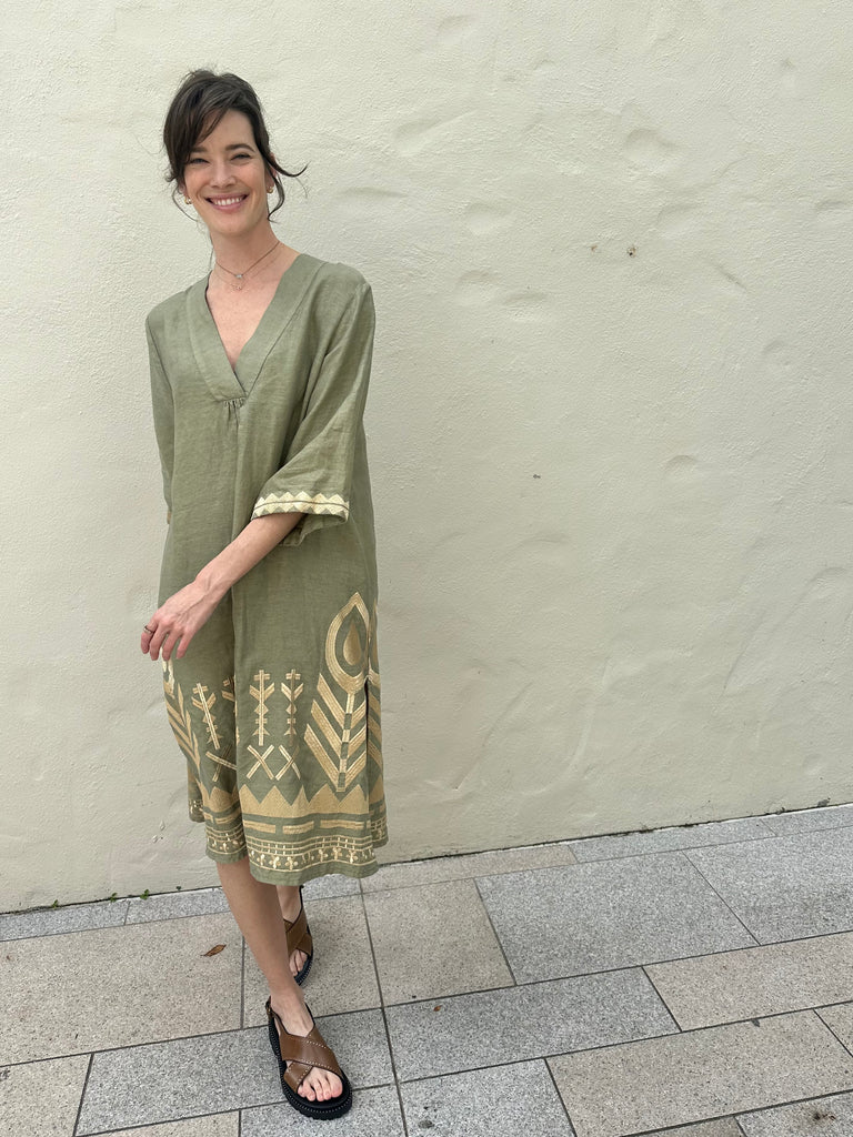 Feather Embroidered Midi Dress Tea Gold