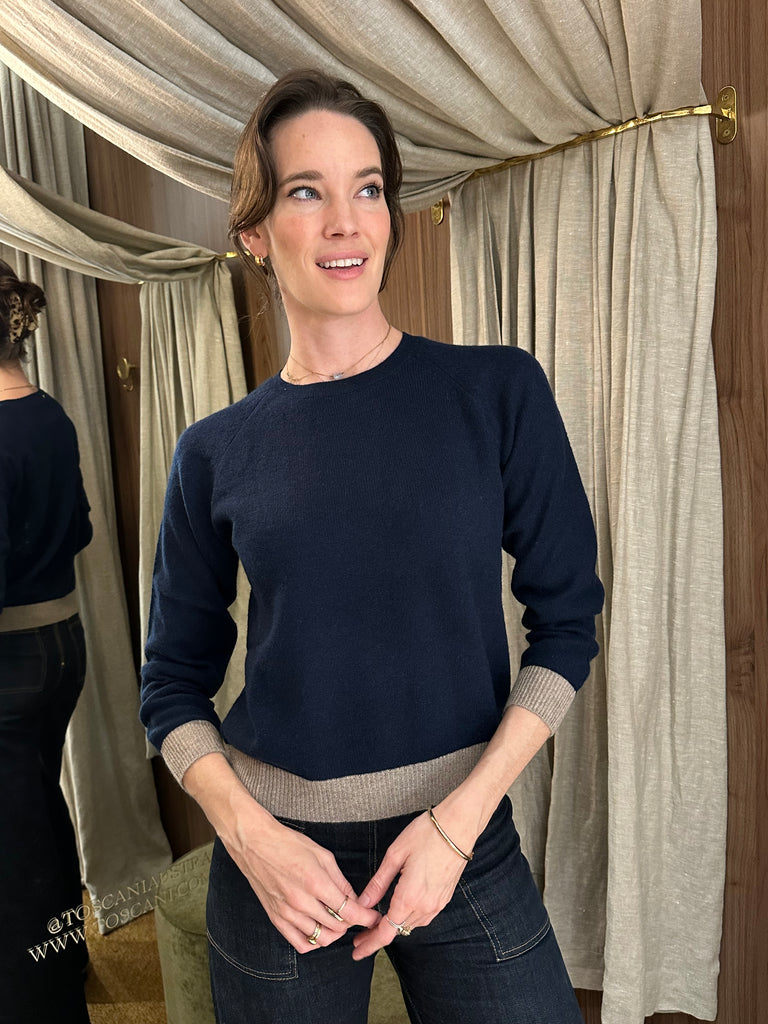 Contrast Crew Sweater Navy Beige