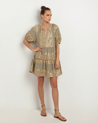 Embroidered Cotton Mini Dress Tea Gold