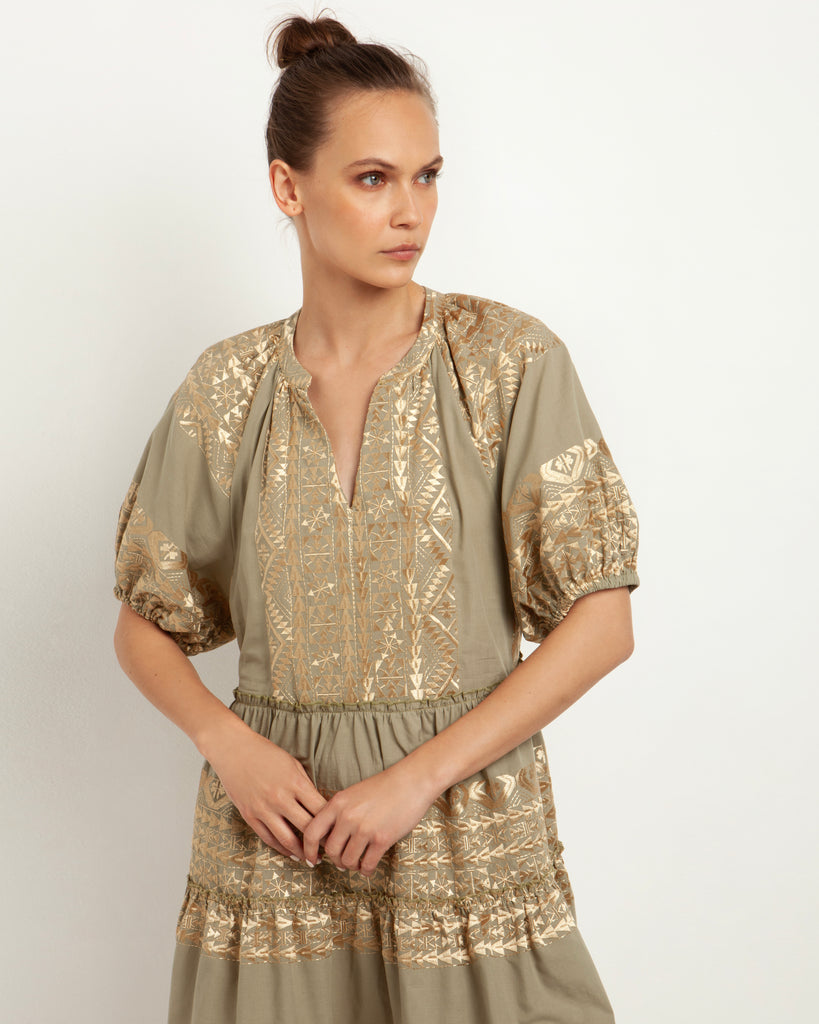 Embroidered Cotton Mini Dress Tea Gold