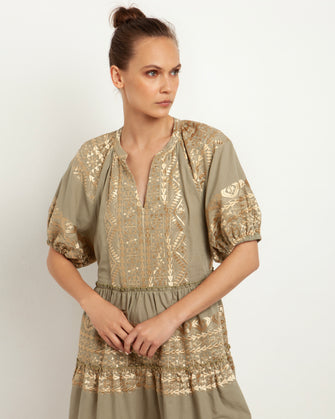 Embroidered Cotton Mini Dress Tea Gold