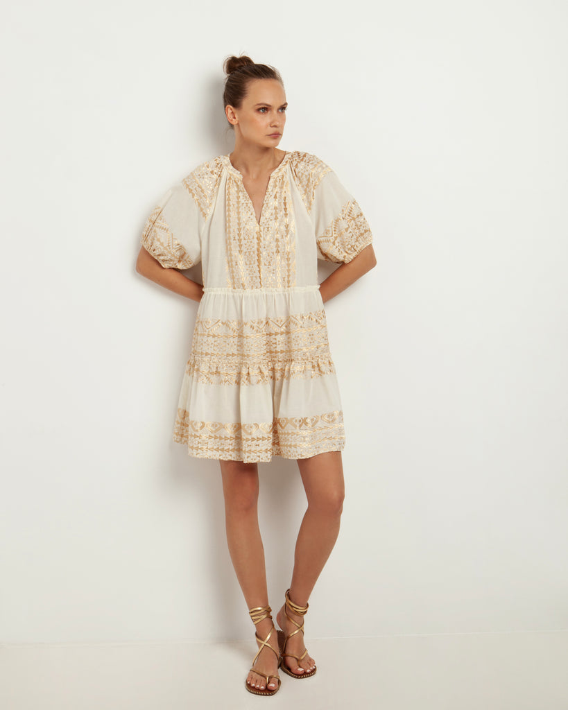 Embroidered Cotton Mini Dress White Gold