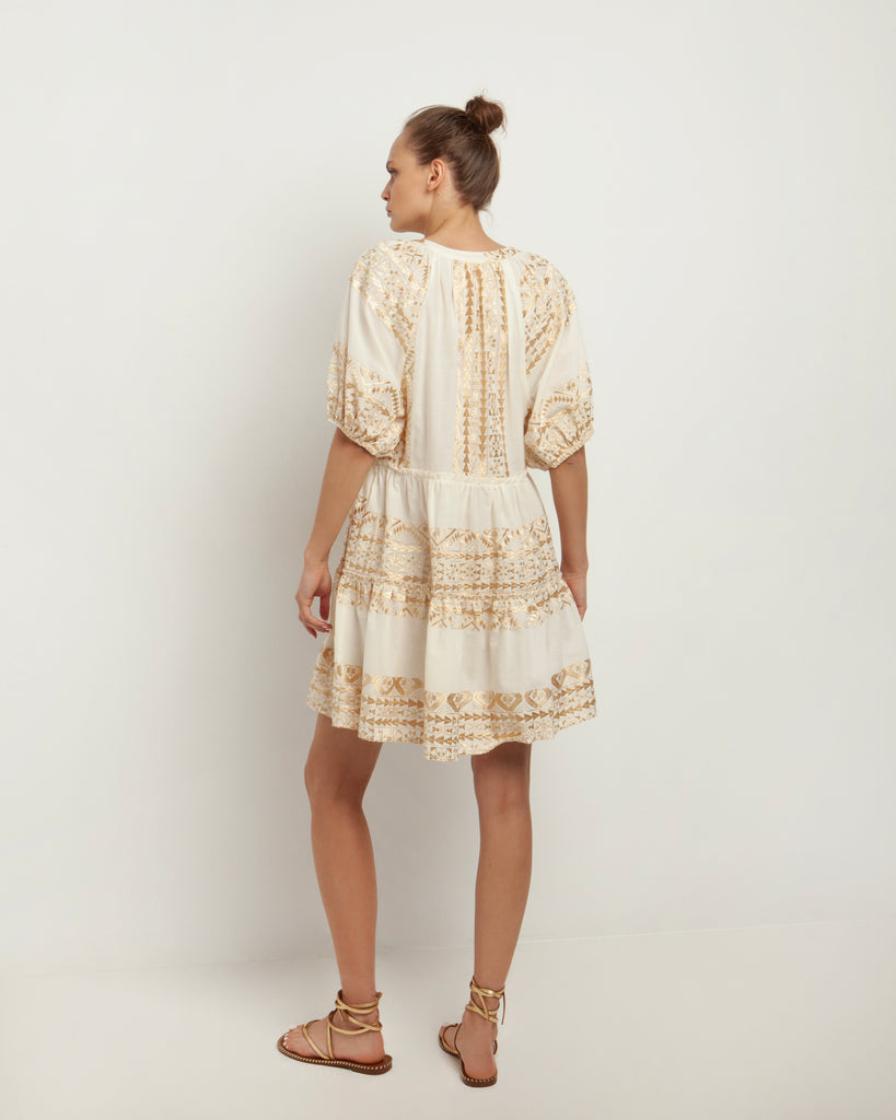 Embroidered Cotton Mini Dress White Gold