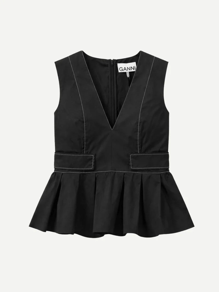 Stretch Cotton V Neck Pocket Blouse Black