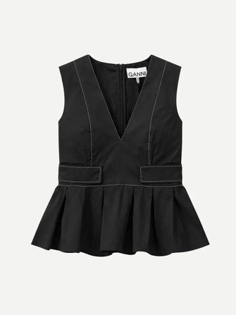 Stretch Cotton V Neck Pocket Blouse Black