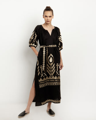Long Feather Embroidered Dress Black Gold