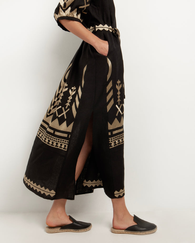 Long Feather Embroidered Dress Black Gold