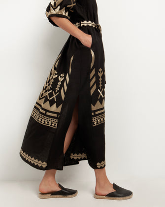 Long Feather Embroidered Dress Black Gold