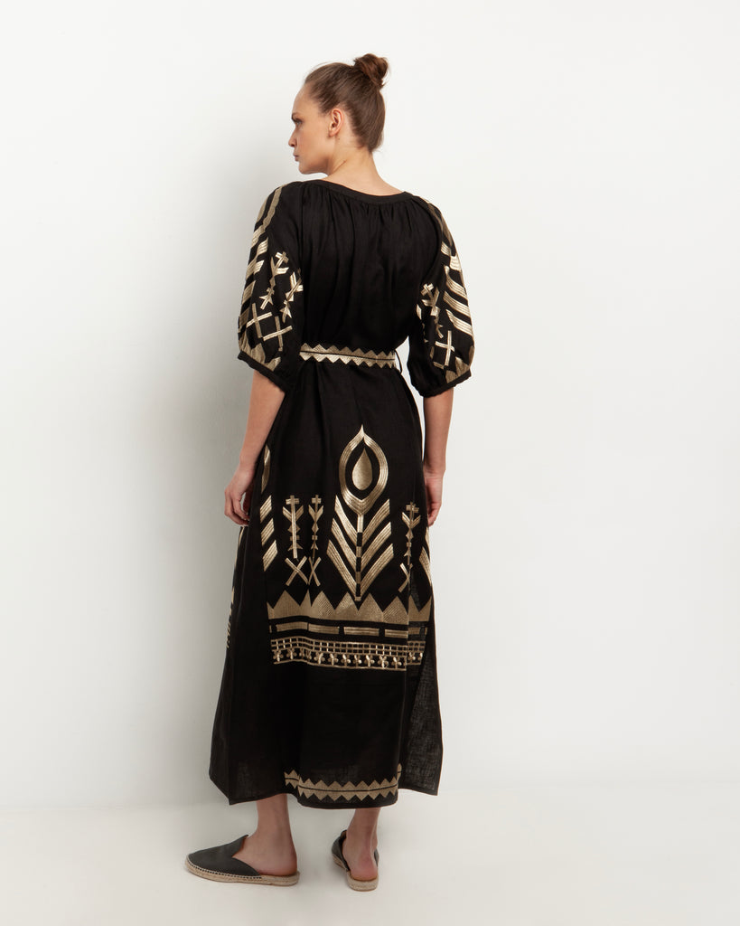 Long Feather Embroidered Dress Black Gold