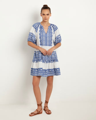 Embroidered Cotton Mini Dress White Blue