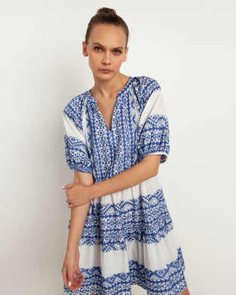 Embroidered Cotton Mini Dress White Blue