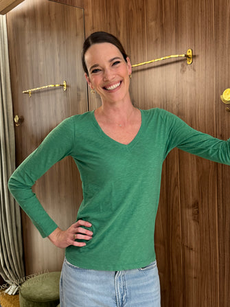 Blaire V Neck Long Sleeve Tee Ceramic Blue