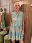Short Sleeveless Embroidered Dress Sea Green Gold
