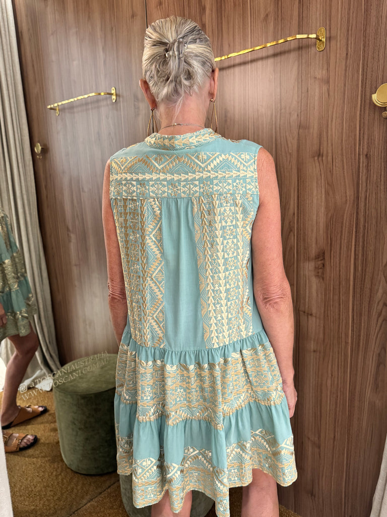Short Sleeveless Embroidered Dress Sea Green Gold Toscani Australia Short Sleeveless Embroidered Dress Sea Green Gold Toscani Australia