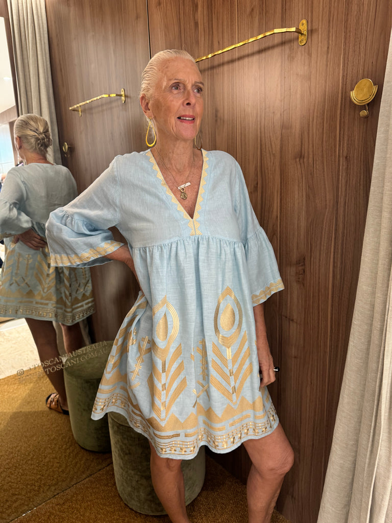 Embroidered Linen Short Dress Ciel Gold