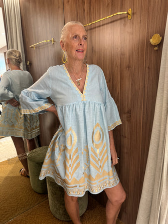 Embroidered Linen Short Dress Ciel Gold