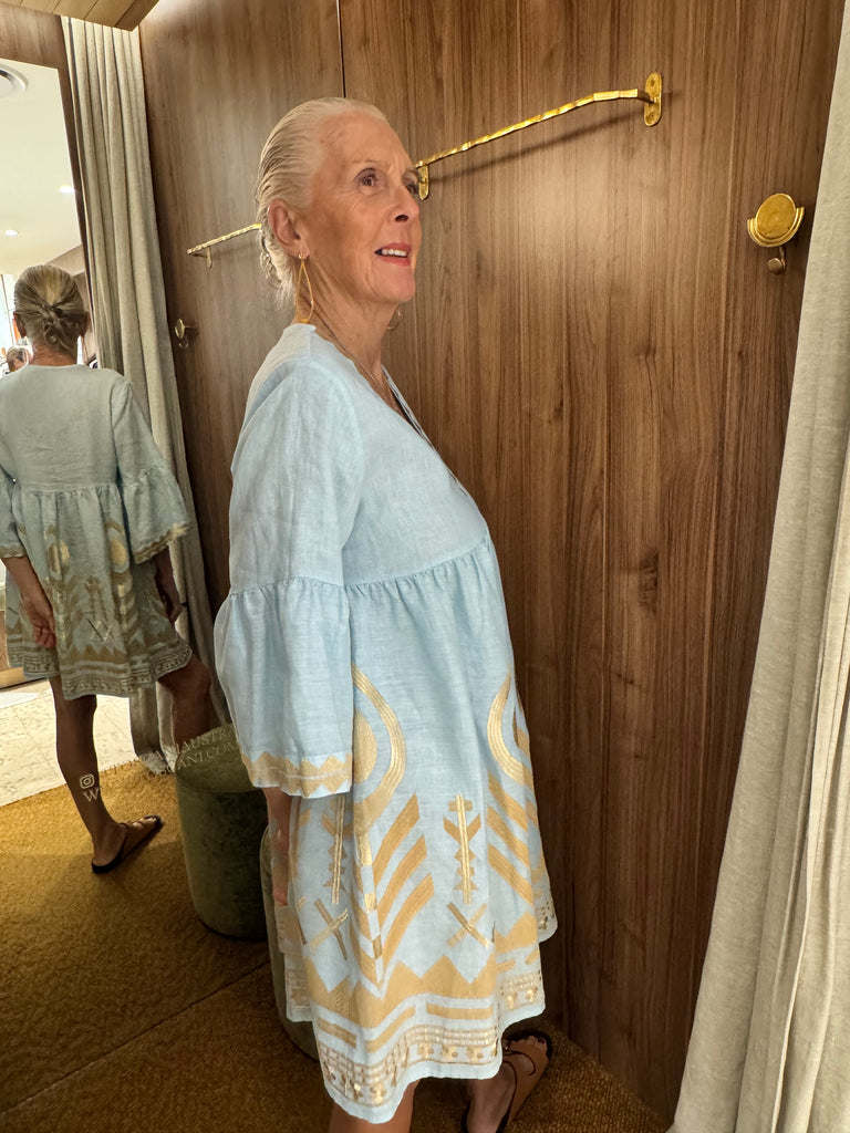 Embroidered Linen Short Dress Ciel Gold